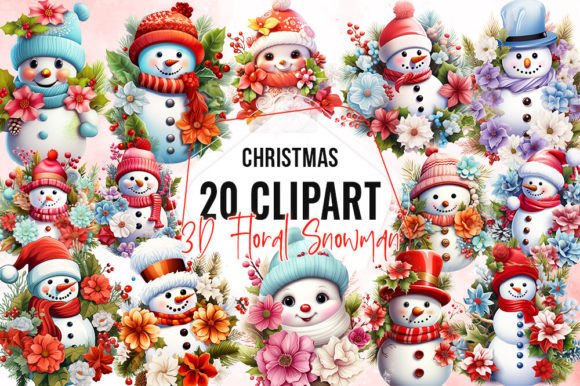3D Christmas Floral Snowman Clipart for Modern Illustrations