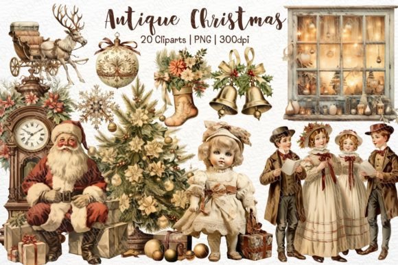 Antique Christmas Watercolor Clipart Set for Illustrations