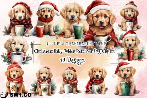Christmas Baby Golden Retriever Dog PNG for Illustrations