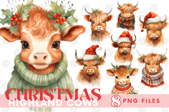 Christmas Highland Cows Clipart Bundle: Premium Illustrations for Modern Publishing