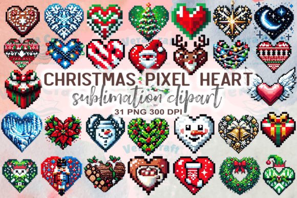 Christmas Pixel Heart Clipart for Seasonal Illustrations