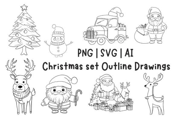 Christmas Set Outline Drawings for Seasonal Illustrations