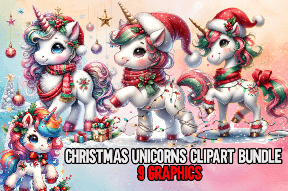 Christmas Unicorns Clipart Bundle for Modern Illustrations