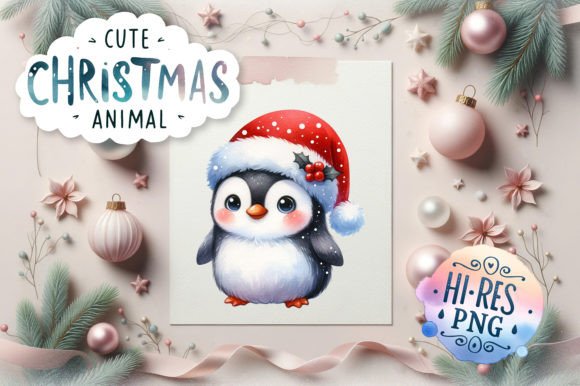 Cute Christmas Penguin Watercolor for Illustrations