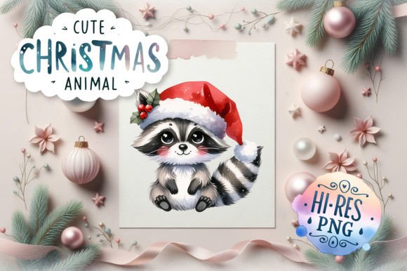 Cute Christmas Raccoon Watercolor for Holiday Illustrations