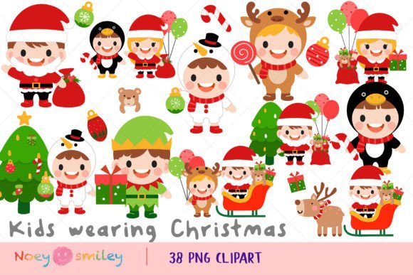 Cute Kids Wearing Christmas Costumes Illustrations