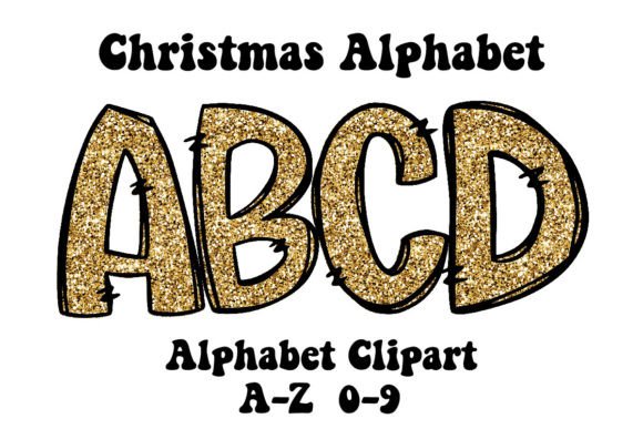 Gold Glitter Christmas Alphabet Doodle: Premium Illustrations for Holiday Content