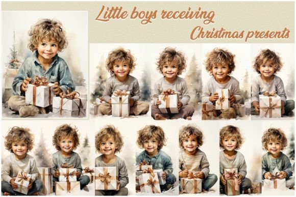 Little Boys Receiving Christmas Presents Illustrations for Blogs