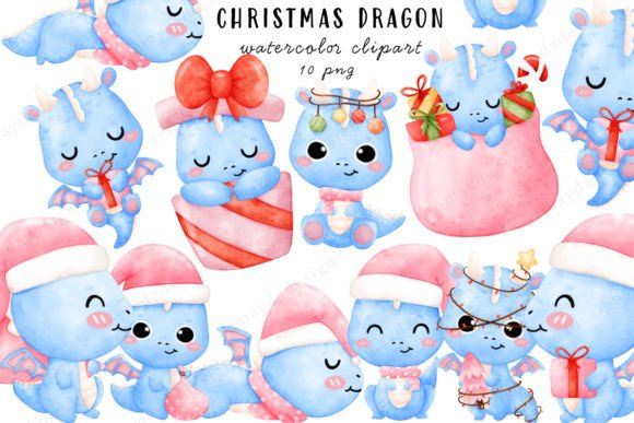 Pink Christmas Dragon Watercolor Clipart for Illustrations