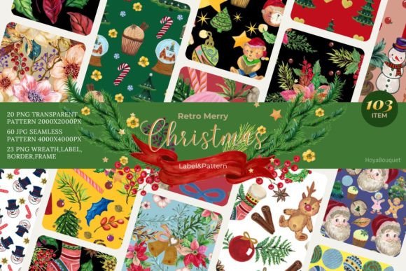 Retro Christmas Label and Pattern Illustrations