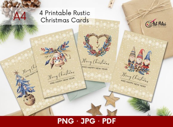 Rustic Christmas Cards, Printable Design for Festive Illustrations