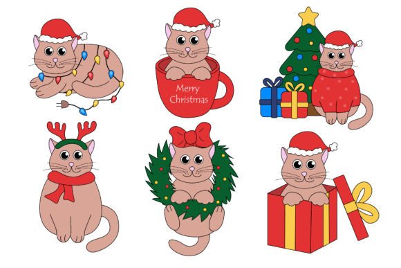 Set Cartoon Christmas and New Year Cats Illustrations Review