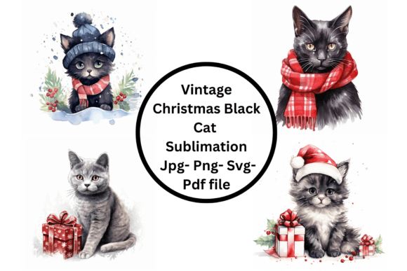Vintage Christmas Black Cat Sublimation for Illustrations