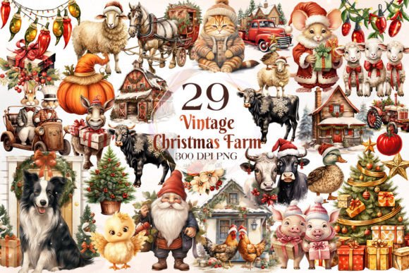 Vintage Christmas Farm Clipart Bundle for Illustrations