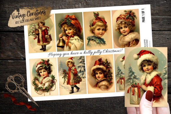 Vintage Christmas Girl ATC Collage Sheet for Branding & Illustrations