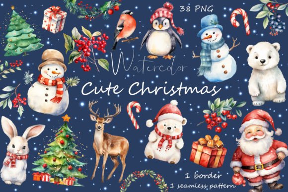 Watercolor Christmas Clipart, Winter Png for Illustrations