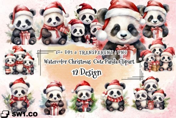 Watercolor Christmas Cute Panda Clipart for Illustrations