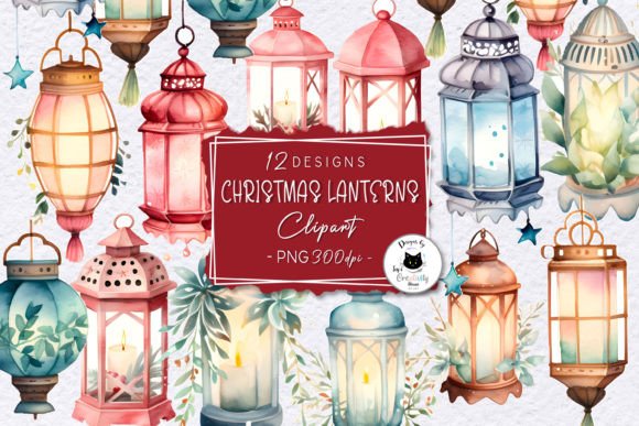 Watercolor Christmas Lantern Clipart for Seasonal Illustrations