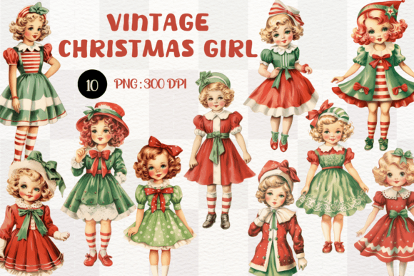 Watercolor Vintage Christmas Girl PNG for Illustrations